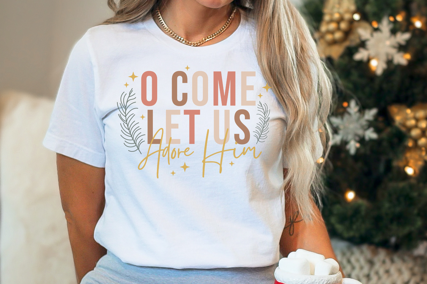 Christmas Christian Let us Adore Him Graphic Tee