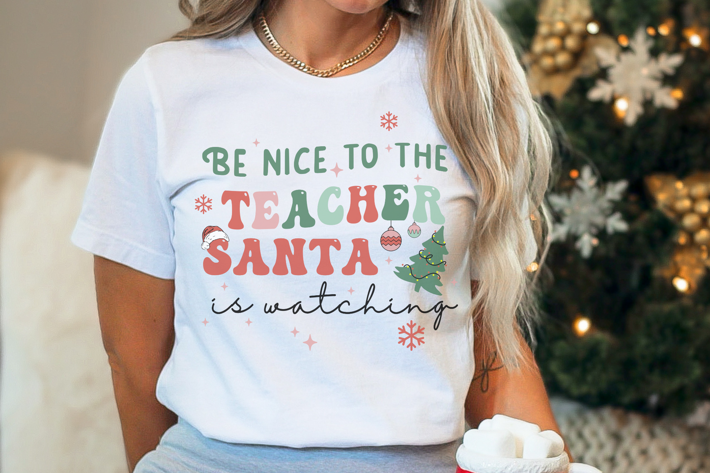 Christmas Teacher Santa is Watching Graphic Tee