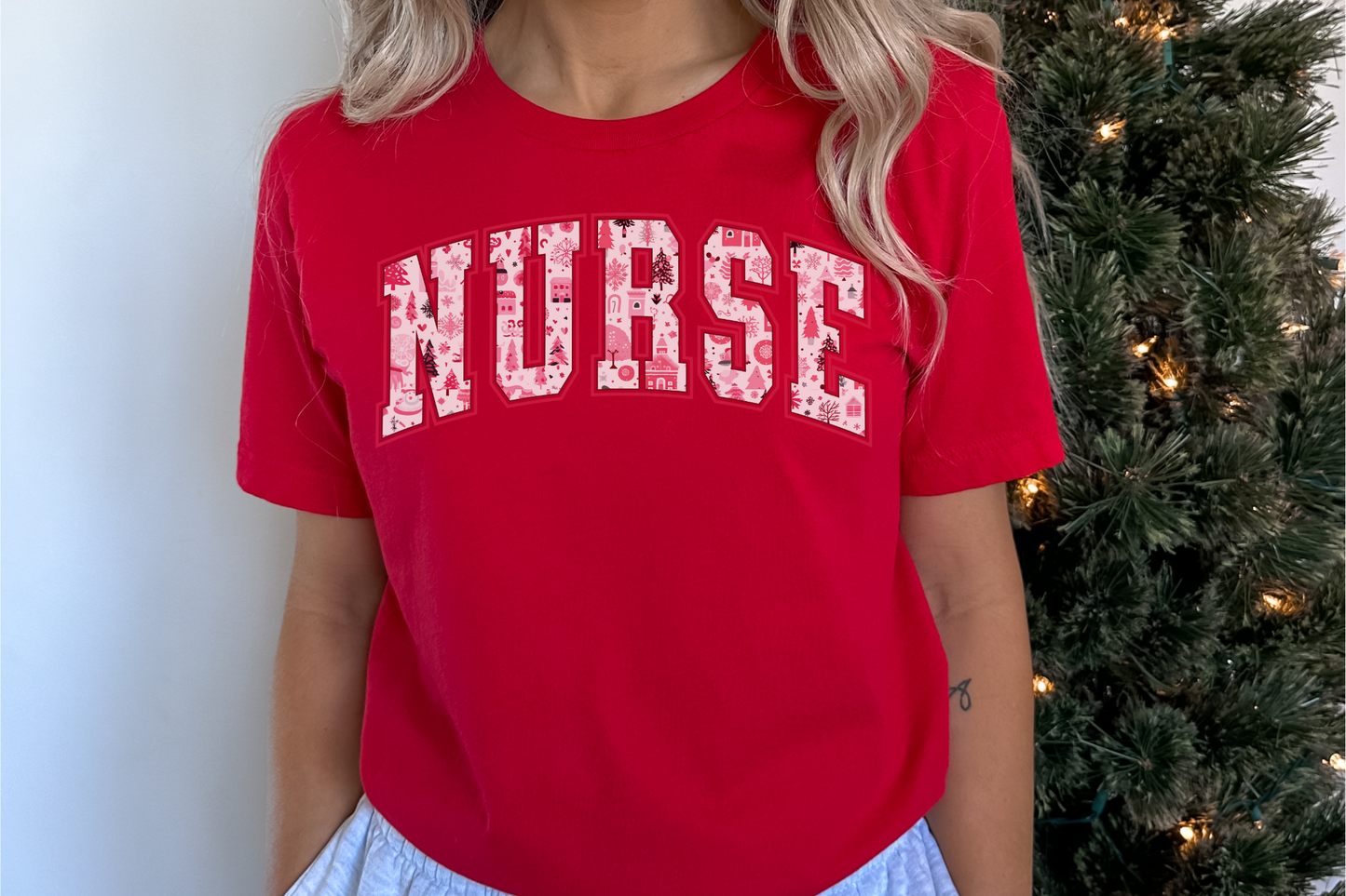 Christmas Pink Nurse Varsity Graphic Tee