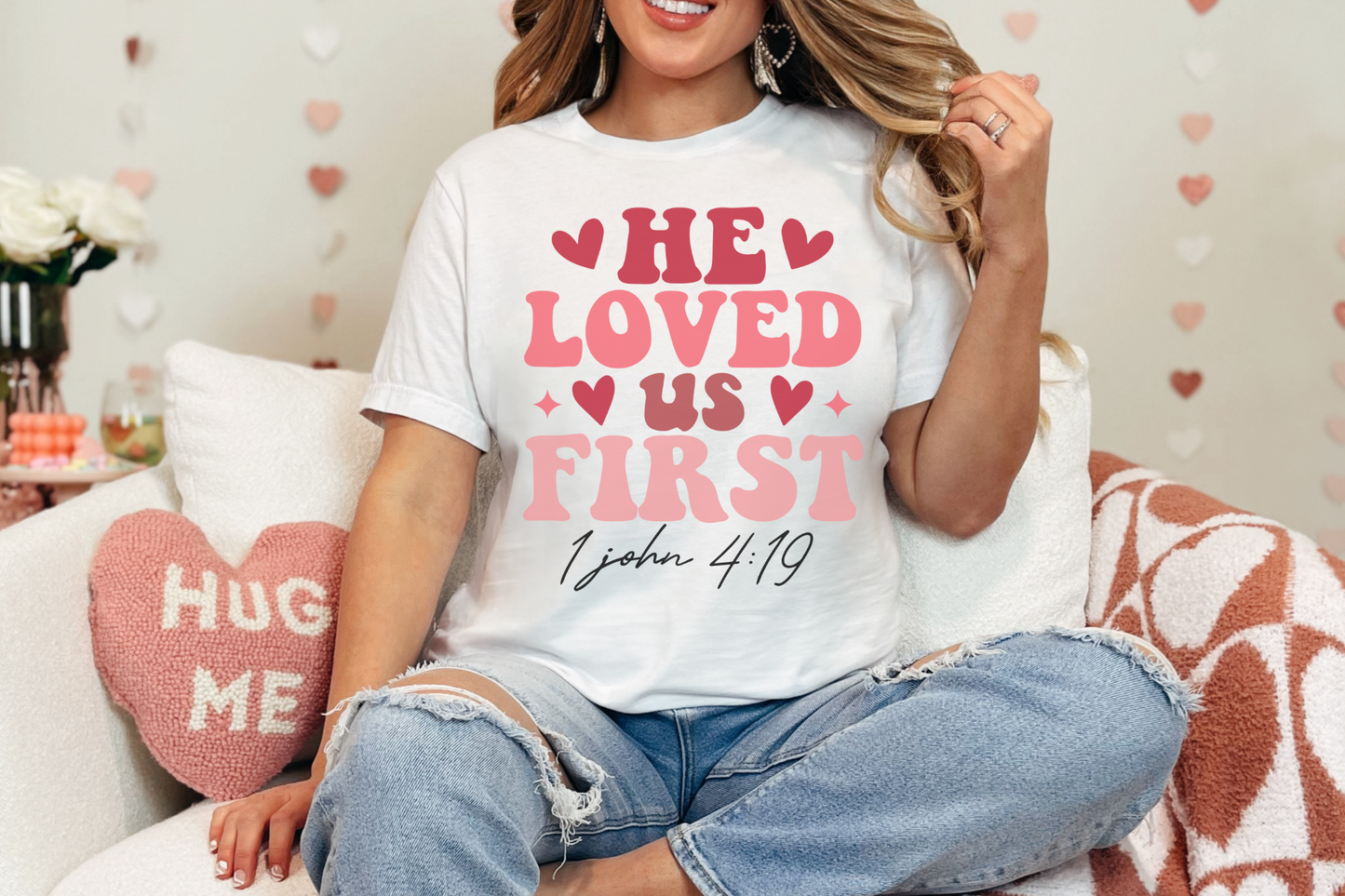 Valentine's Day Christian He Loved Us First Graphic Tee