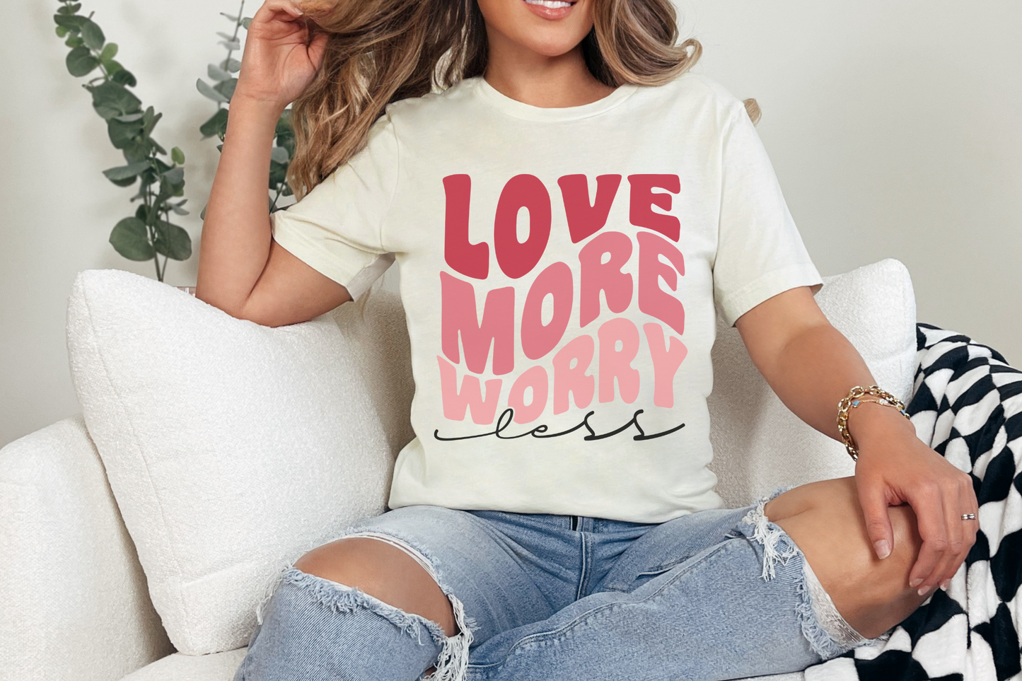 Valentine's Day Love More Worry Less Graphic Tee