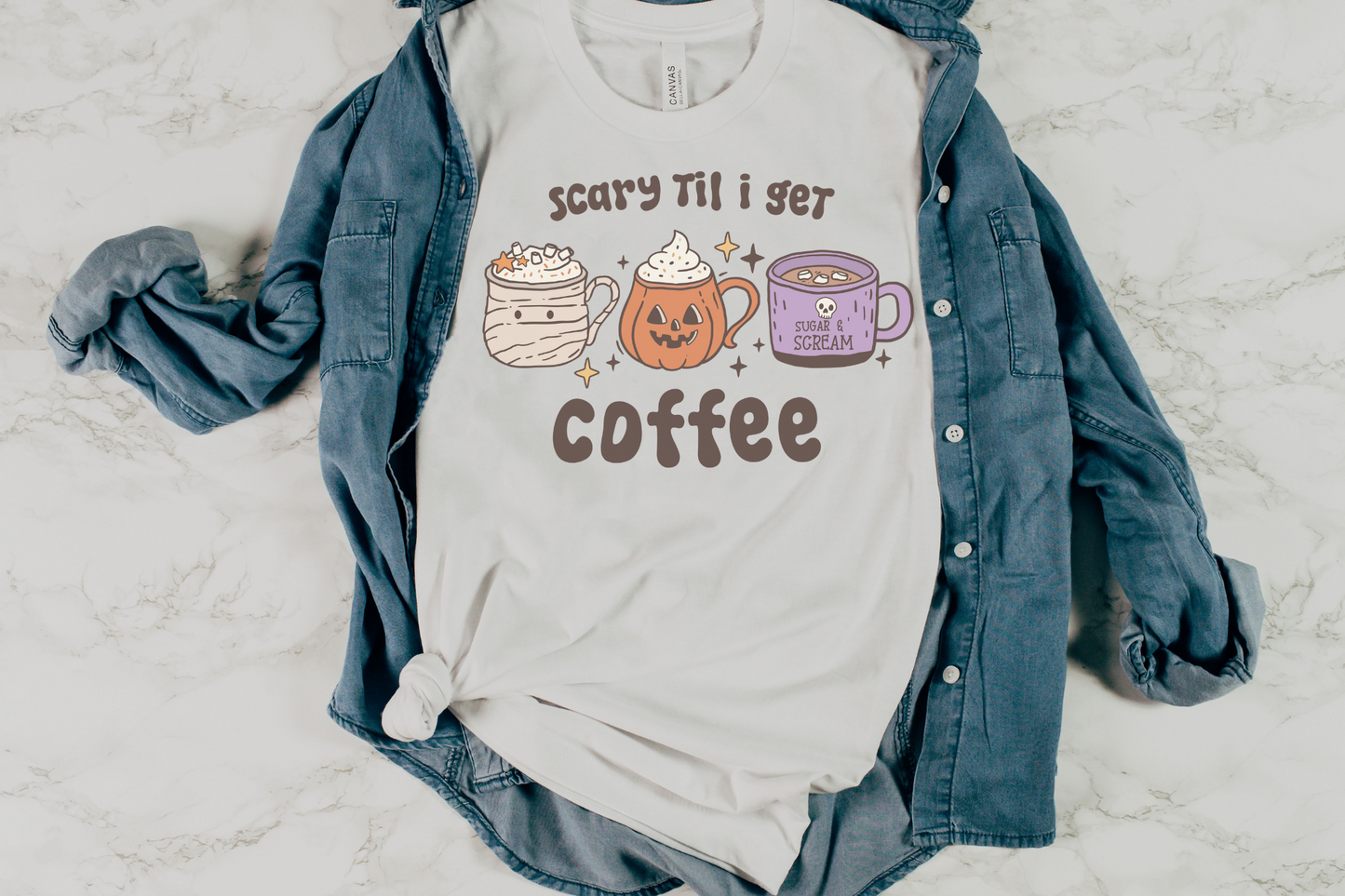 Halloween Scary Til I Get Coffee Graphic Tee