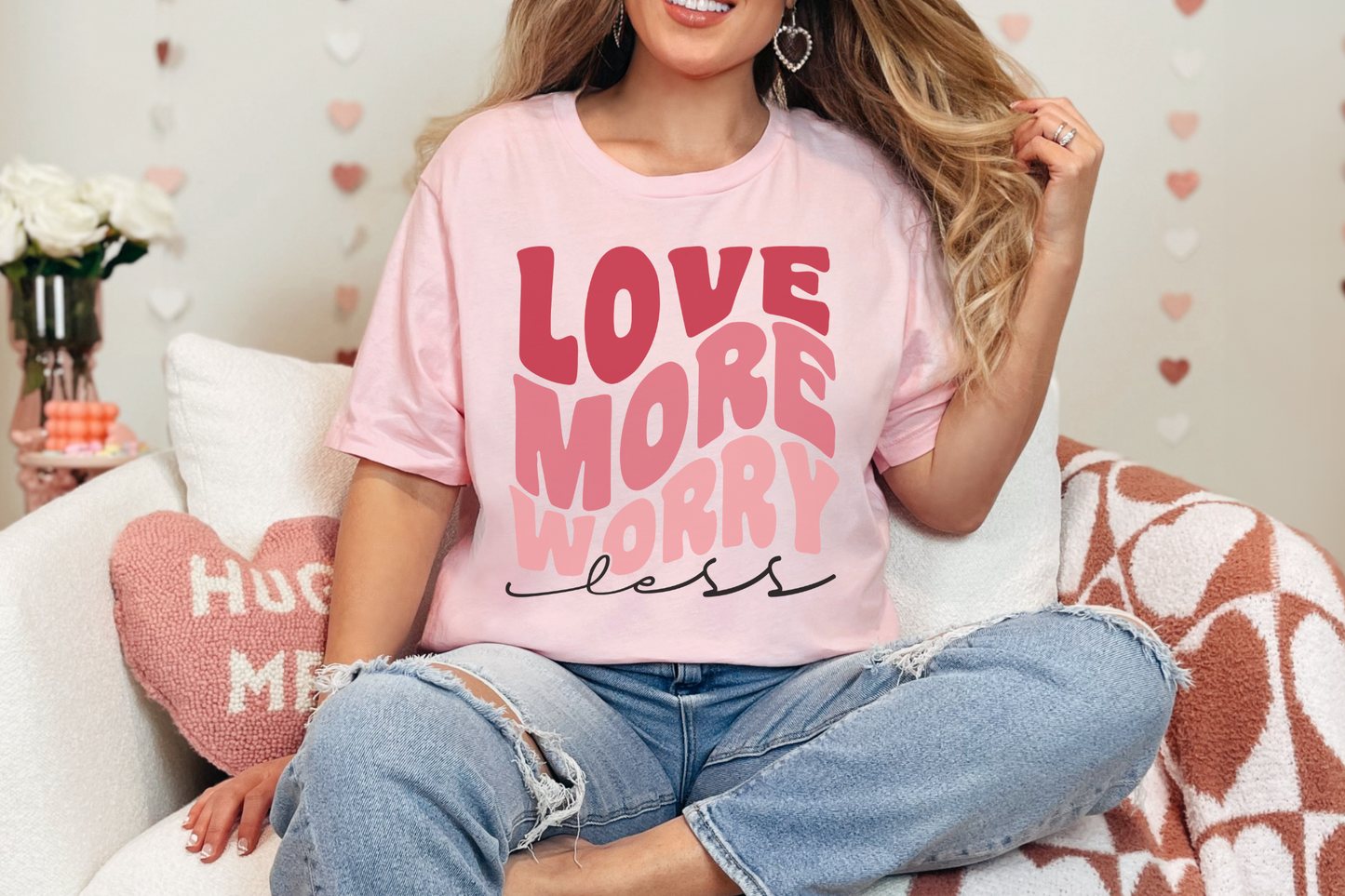 Valentine's Day Love More Worry Less Graphic Tee
