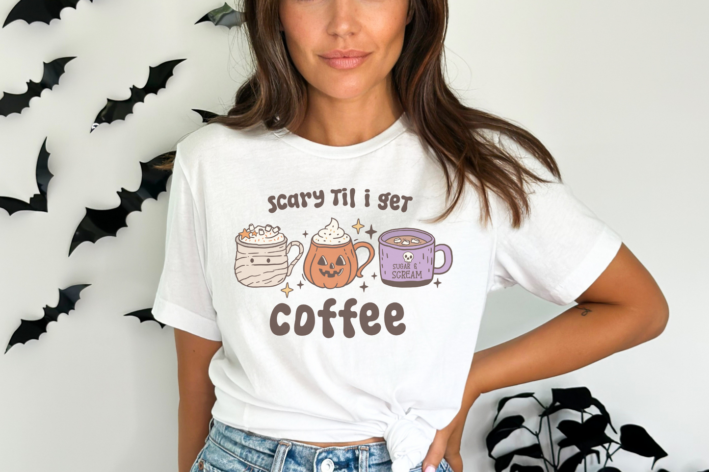 Halloween Scary Til I Get Coffee Graphic Tee