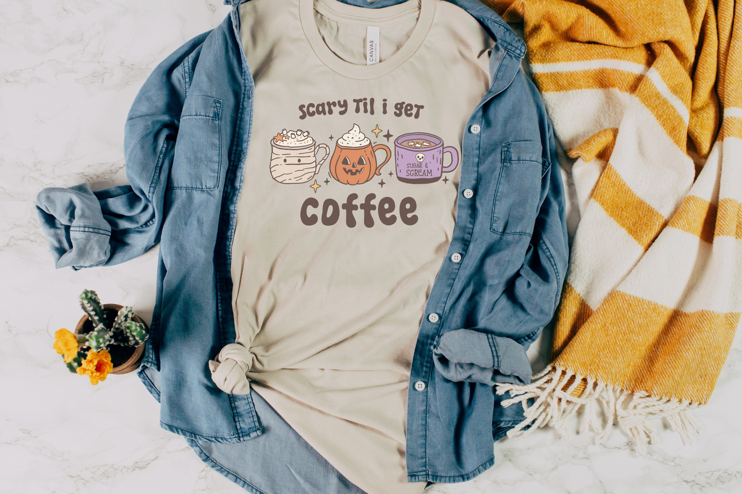 Halloween Scary Til I Get Coffee Graphic Tee