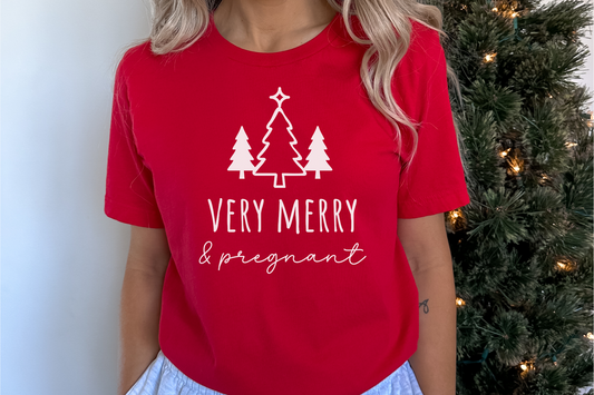 Christmas Very Merry and Pregnant Pregnancy Announcement Graphic Tee