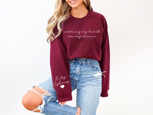 Personalized Mama Wearing My Heart on My Sleeve Sweatshirt